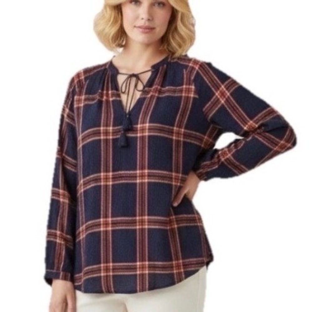 Lucky Brand Plaid Blouse Women 1X Navy Blue Boho Tassel Tie‎ Rayon Top